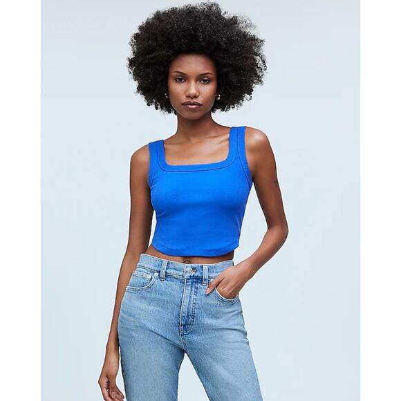 Madewell The Tailored Crop Tank Top Sleekhold Ribbed Blue Square Neck XXS NWT - Picture 1 of 12